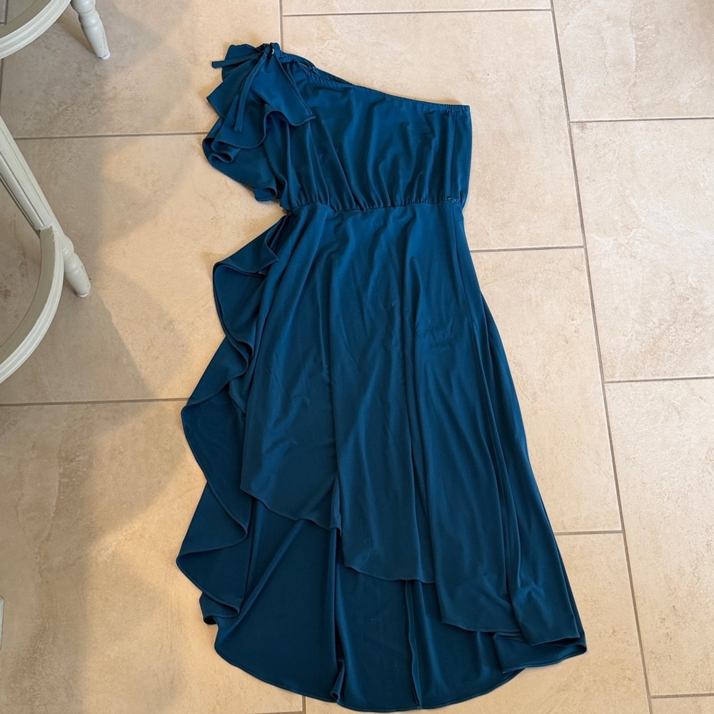 Karen Zambos One-Shoulder Teal Dress